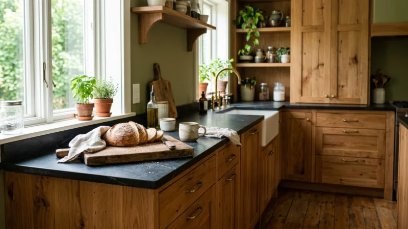 A modern kitchen showcasing warm medium-tone wood cabinets, a dark soapstone countertop, and elegant brass hardware under natural morning li