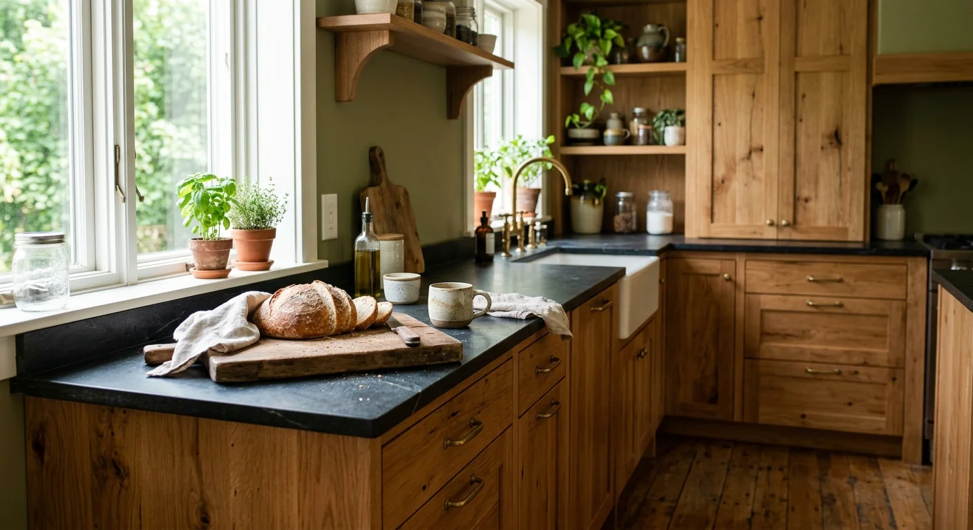 A modern kitchen showcasing warm medium-tone wood cabinets, a dark soapstone countertop, and elegant brass hardware under natural morning li