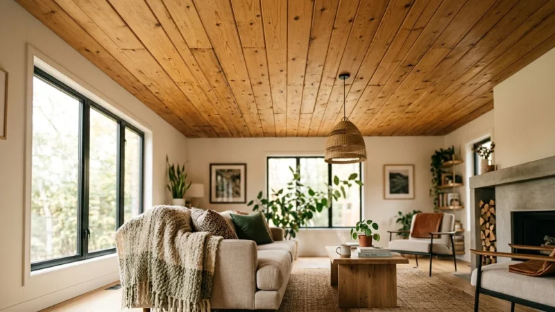 A modern living room with a warm, rustic tongue-and-groove pine wood plank ceiling, illuminated by soft natural window light.