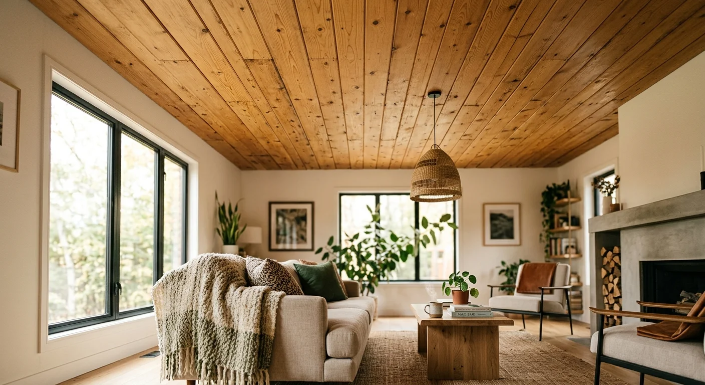 A modern living room with a warm, rustic tongue-and-groove pine wood plank ceiling, illuminated by soft natural window light.