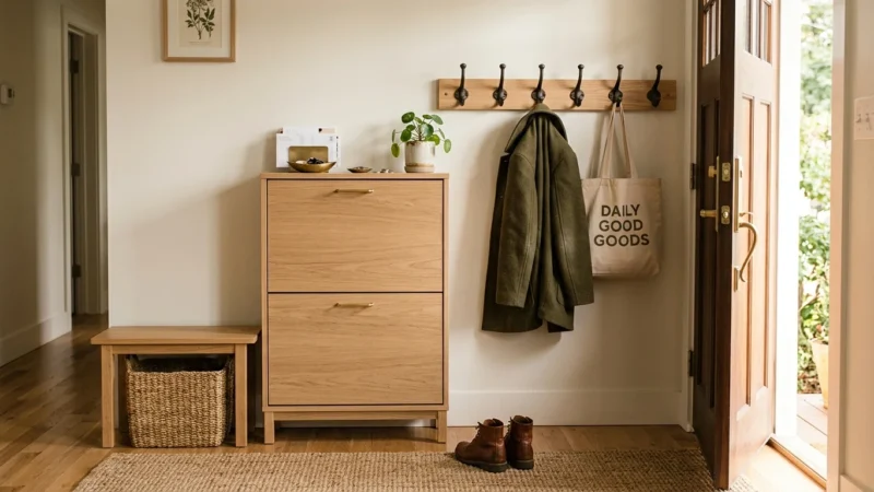 A narrow home entryway organized with a slim tilt-out wooden shoe cabinet, an oak coat rail with metal hooks, and a bench.