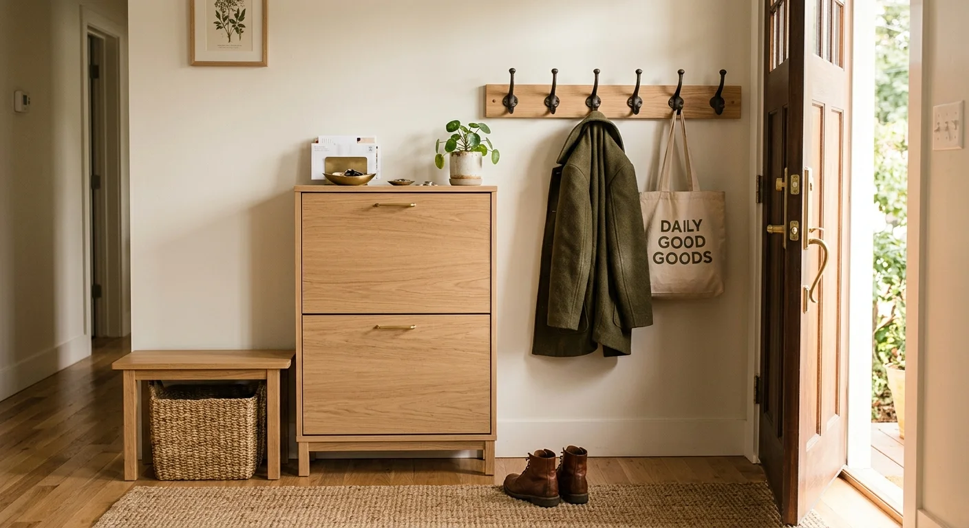 A narrow home entryway organized with a slim tilt-out wooden shoe cabinet, an oak coat rail with metal hooks, and a bench.