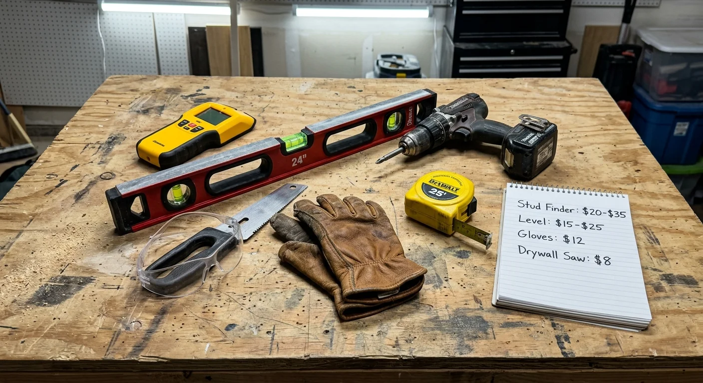 A natural flat-lay of closet installation tools, including a bubble level, stud finder, and cordless drill, on a workshop table.