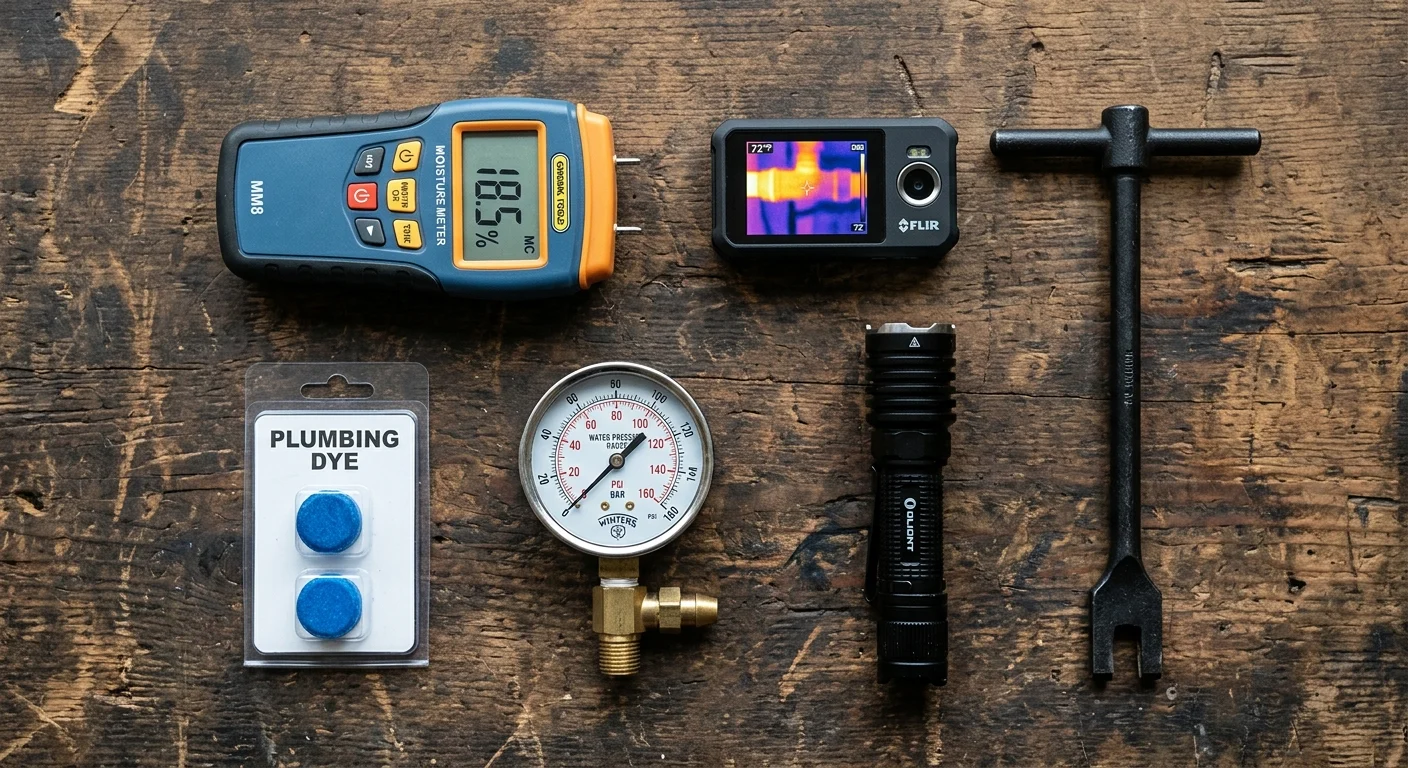 A neat flat lay arrangement of leak detection tools, including a moisture meter, thermal camera, and water pressure gauge on a wood workbenc