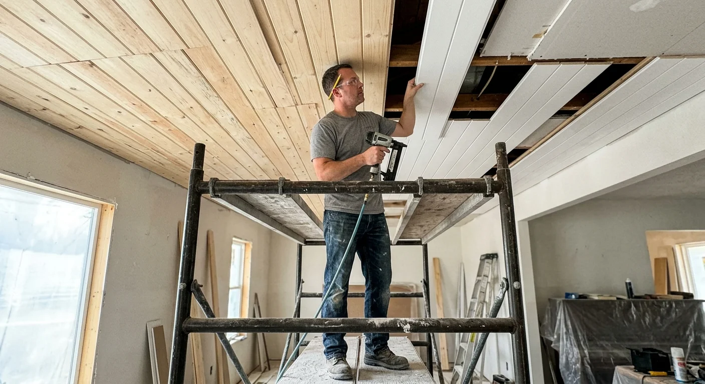 A person on rolling scaffolding installing a white wood plank on a ceiling with a brad nailer, captured in a candid home DIY moment.