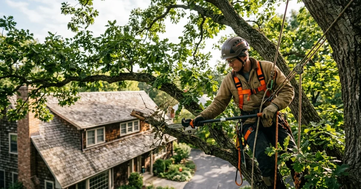 A professional arborist in full safety gear trims branches high up in a large oak tree near a residential roof.