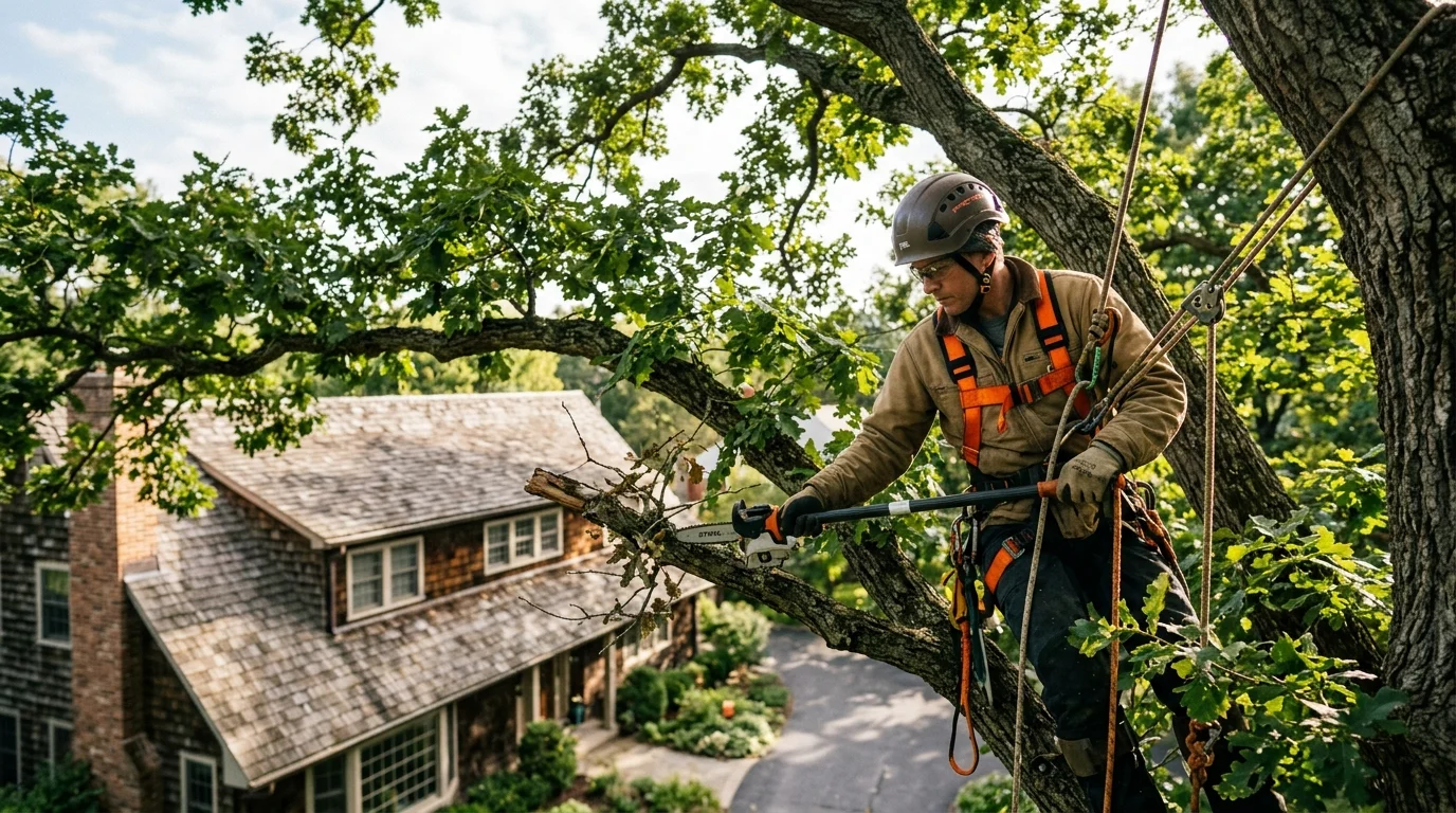 A professional arborist in full safety gear trims branches high up in a large oak tree near a residential roof.