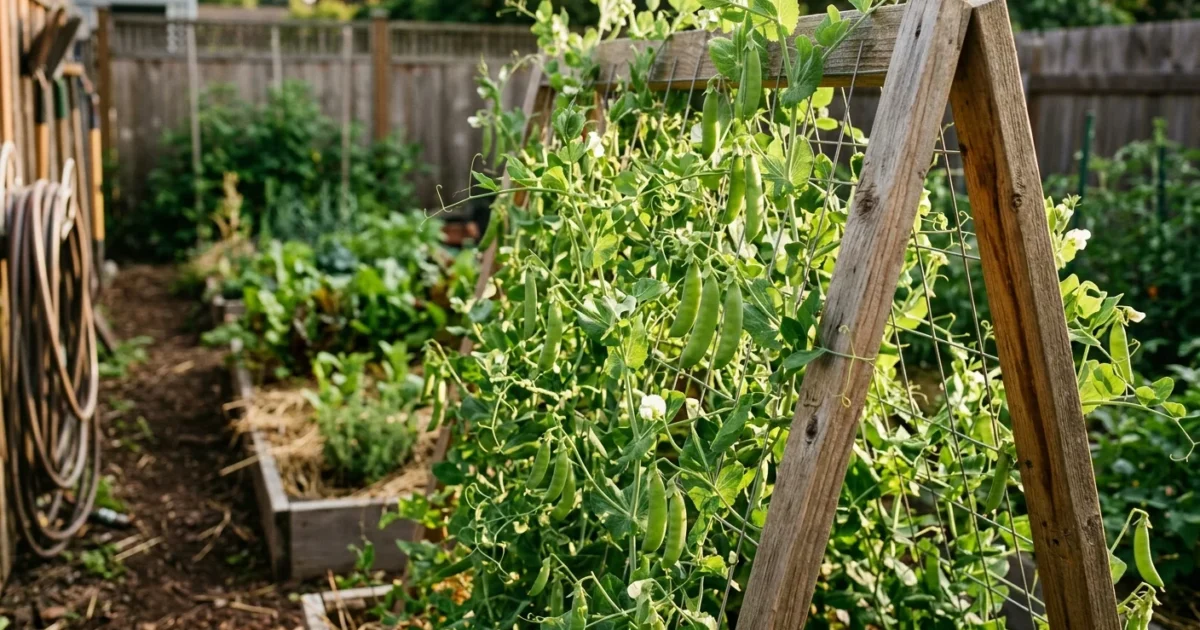 A rustic wooden A-frame trellis in a sunny garden bed covered in green climbing pea vines with fresh pods.