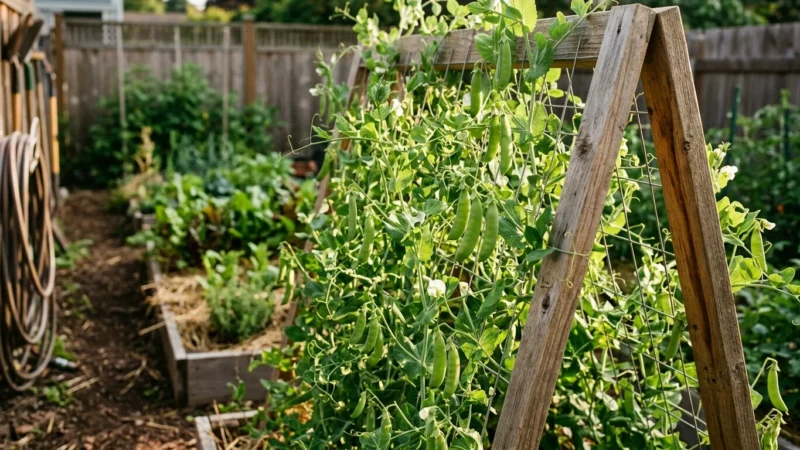 A rustic wooden A-frame trellis in a sunny garden bed covered in green climbing pea vines with fresh pods.