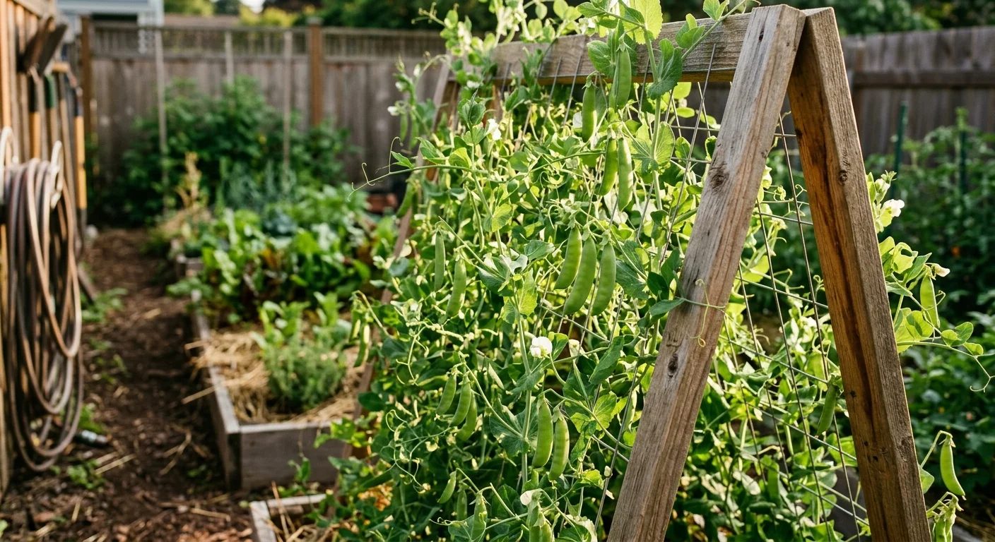 A rustic wooden A-frame trellis in a sunny garden bed covered in green climbing pea vines with fresh pods.