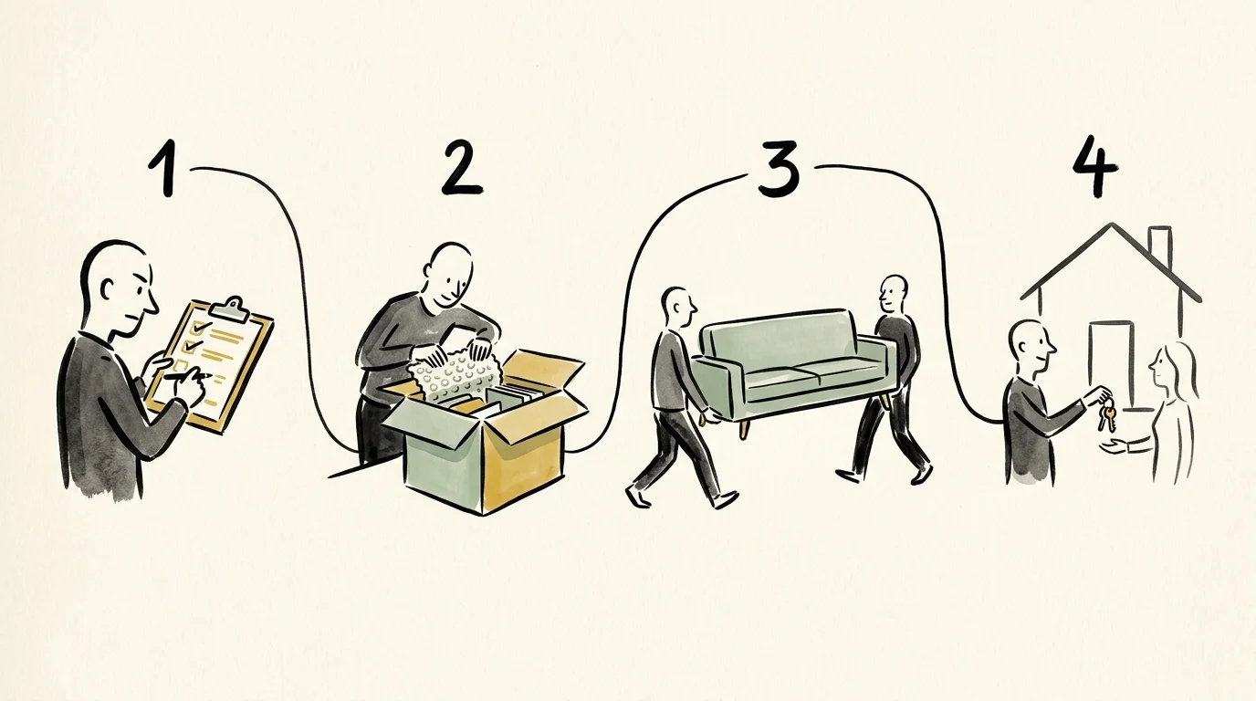 A step-by-step ink and watercolor timeline illustrating the process of planning, packing, lifting, and completing a home move.