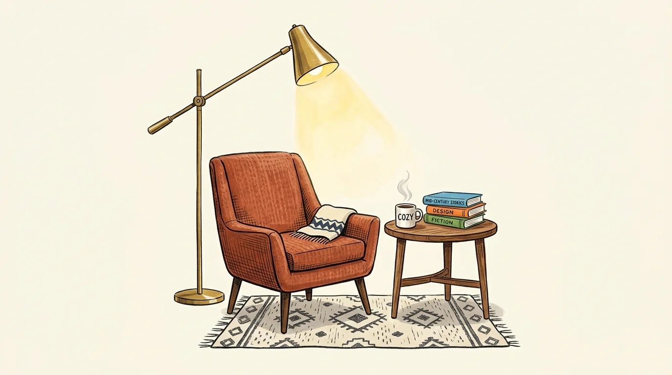 A stylized gouache illustration of a cozy reading nook with a terracotta chair, brass lamp, and small rug.
