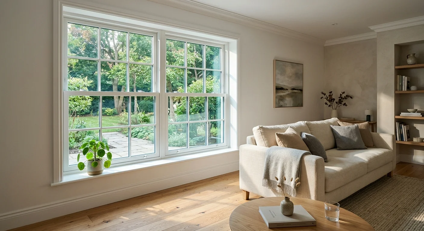 A sunlit modern living room with a large, clear energy-efficient window casting soft light onto hardwood floors.