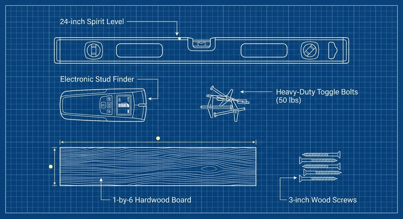 A technical blueprint diagram showing a flat-lay of entryway tools including a 24-inch level, stud finder, and heavy-duty toggle bolts.
