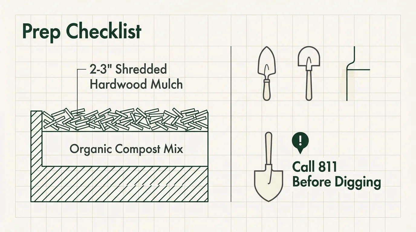 A technical diagram detailing soil layering with compost and mulch, alongside essential gardening tools and an 811 digging reminder.
