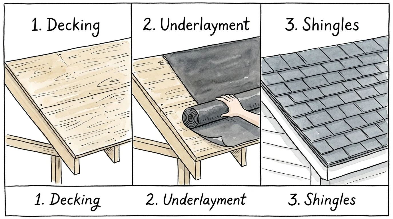 A three-part watercolor illustration showing the steps of roof construction: decking, underlayment, and shingles.