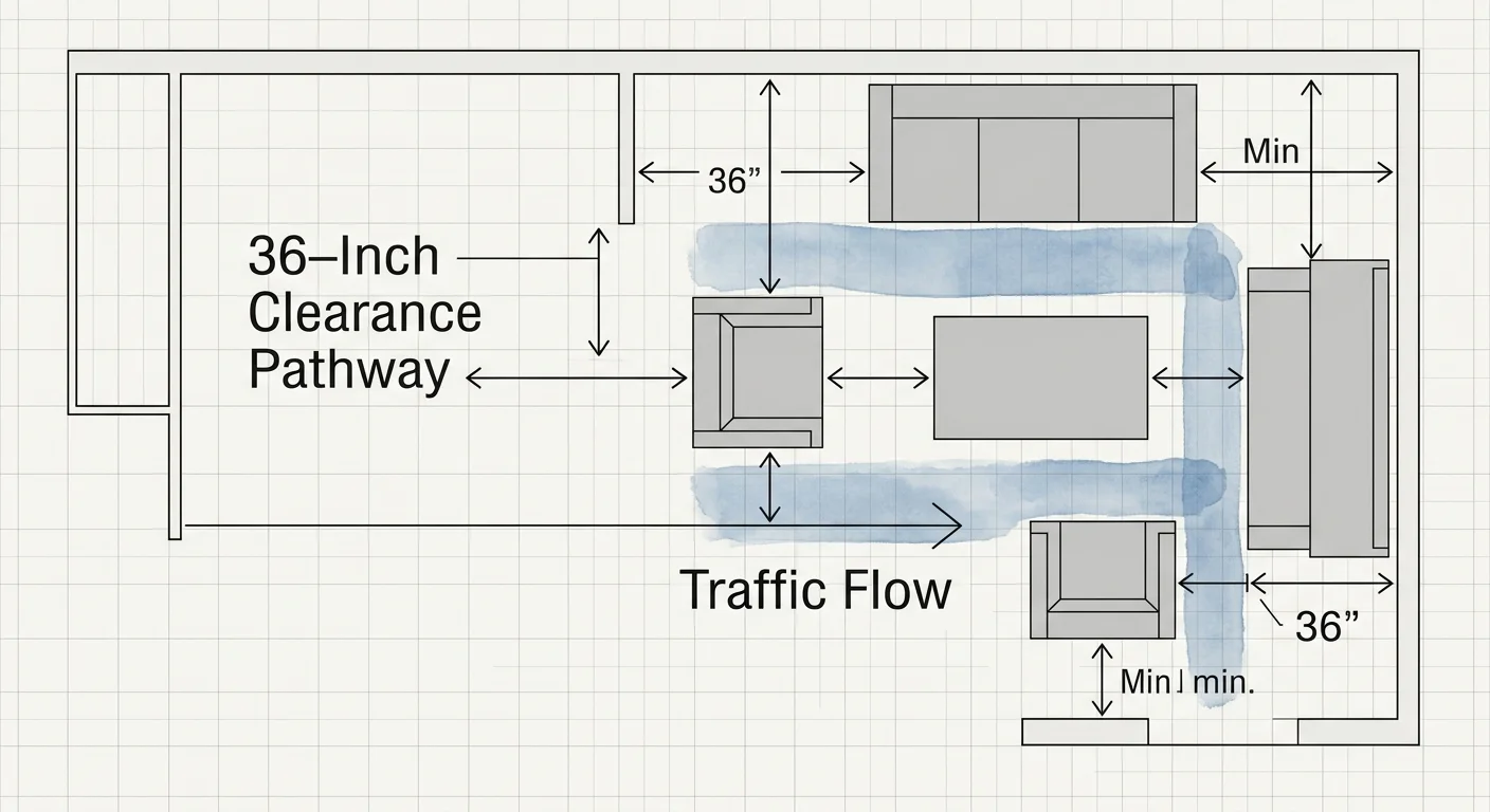 A top-down architectural diagram of an L-shaped room showing a 36-inch wide traffic pathway around floated furniture.