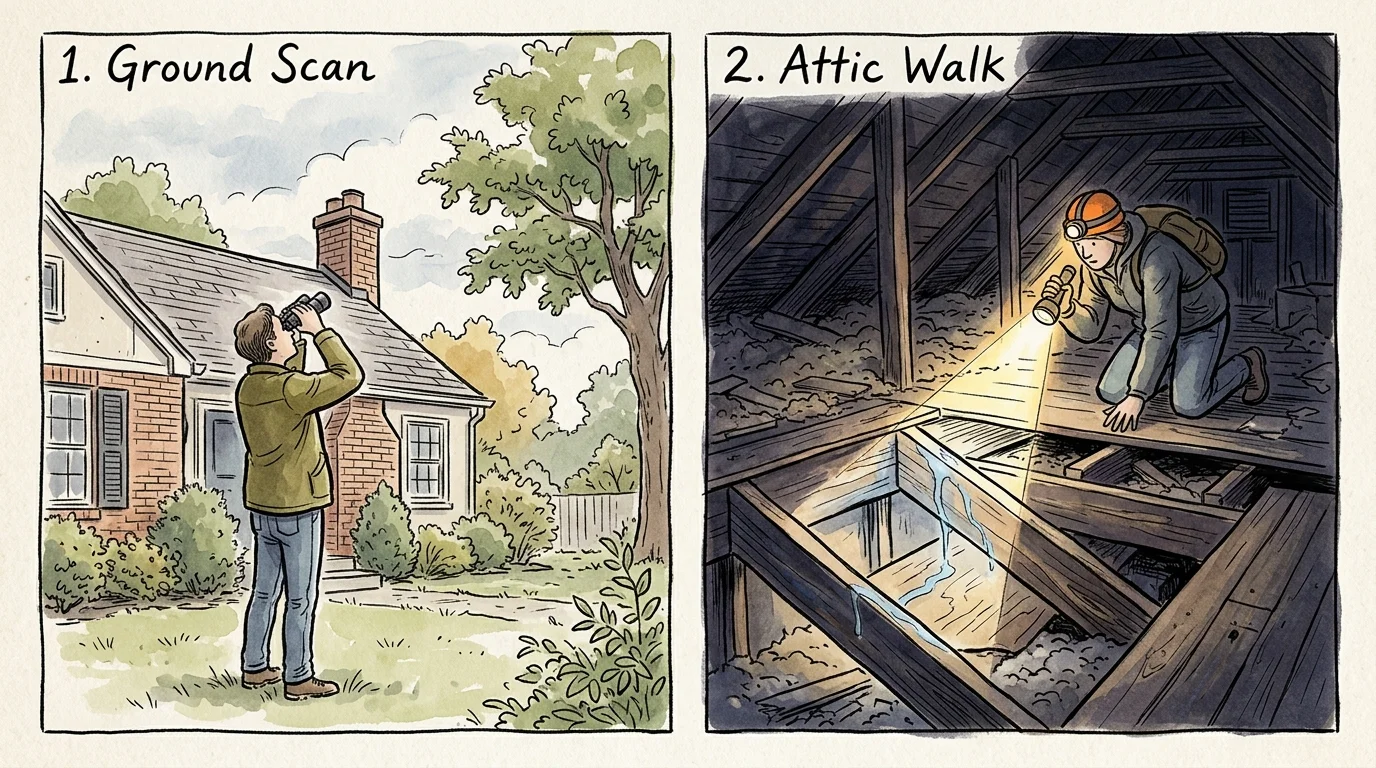A two-panel watercolor illustration showing a ground-level binocular inspection and an attic check with a flashlight.