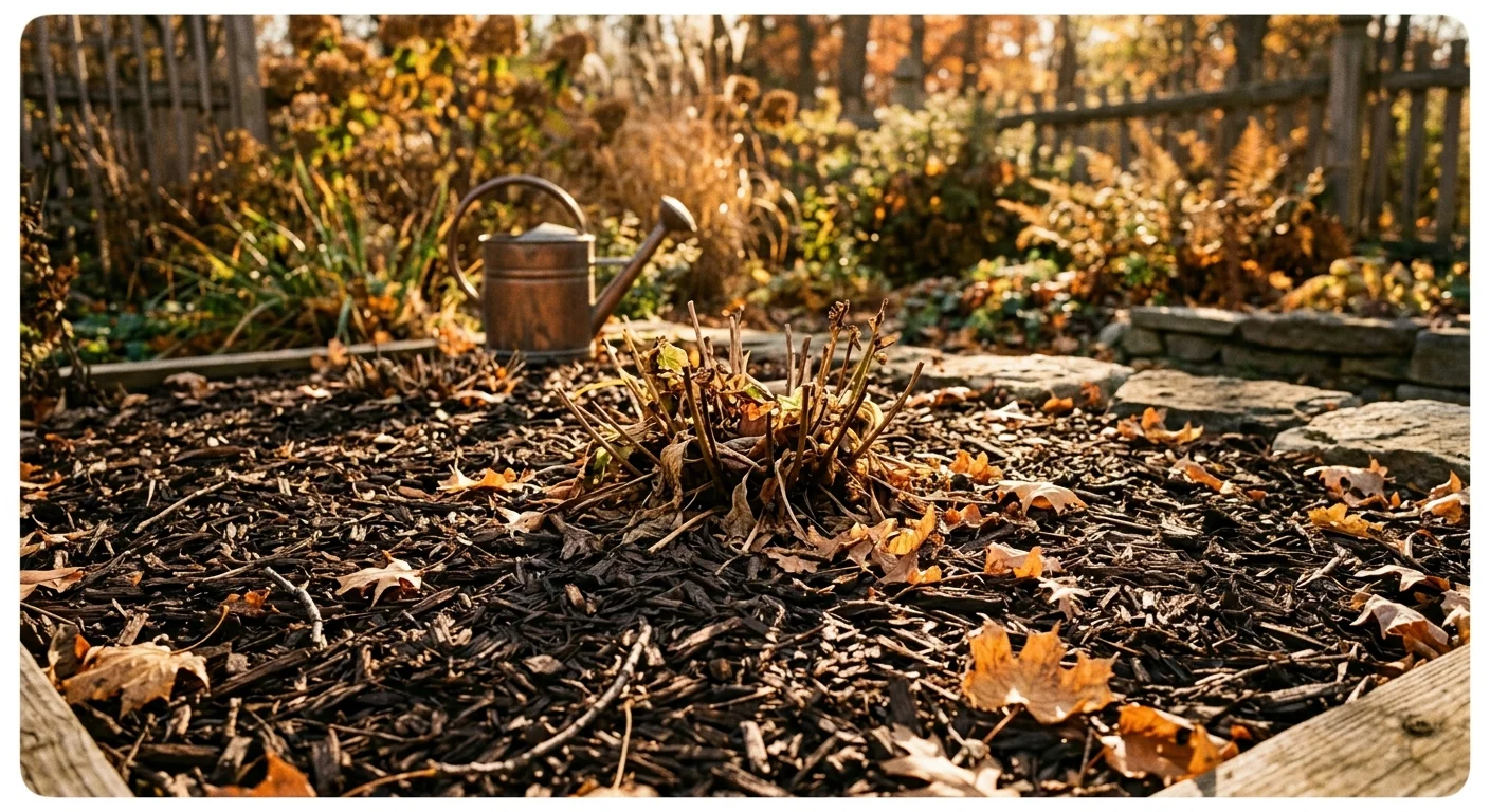 A warm 35mm film photograph of a garden bed insulated with hardwood mulch and scattered golden autumn leaves.