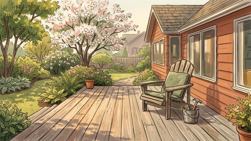 A warm gouache illustration of a backyard wooden deck in late spring with a small bucket of tools, evoking home prep before summer.