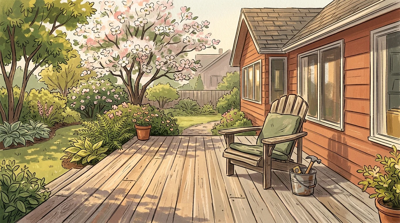 A warm gouache illustration of a backyard wooden deck in late spring with a small bucket of tools, evoking home prep before summer.