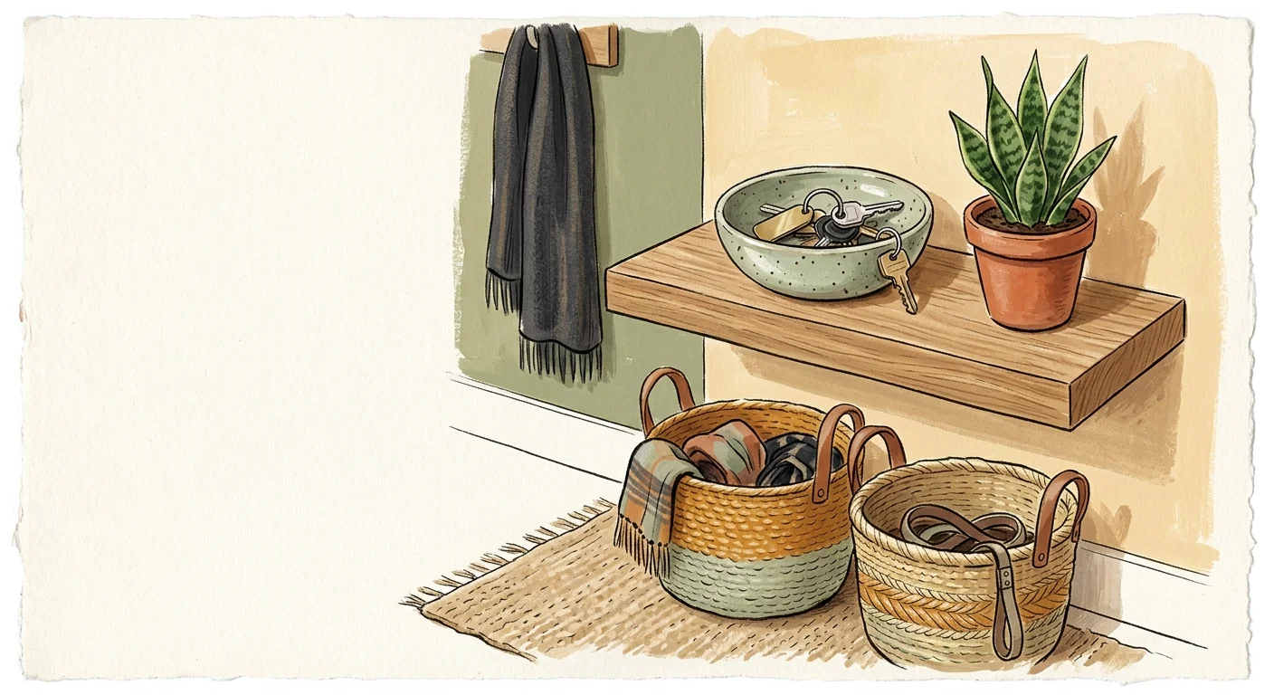 A warm gouache illustration of an entryway shelf with a key bowl, a small snake plant, and woven baskets underneath.