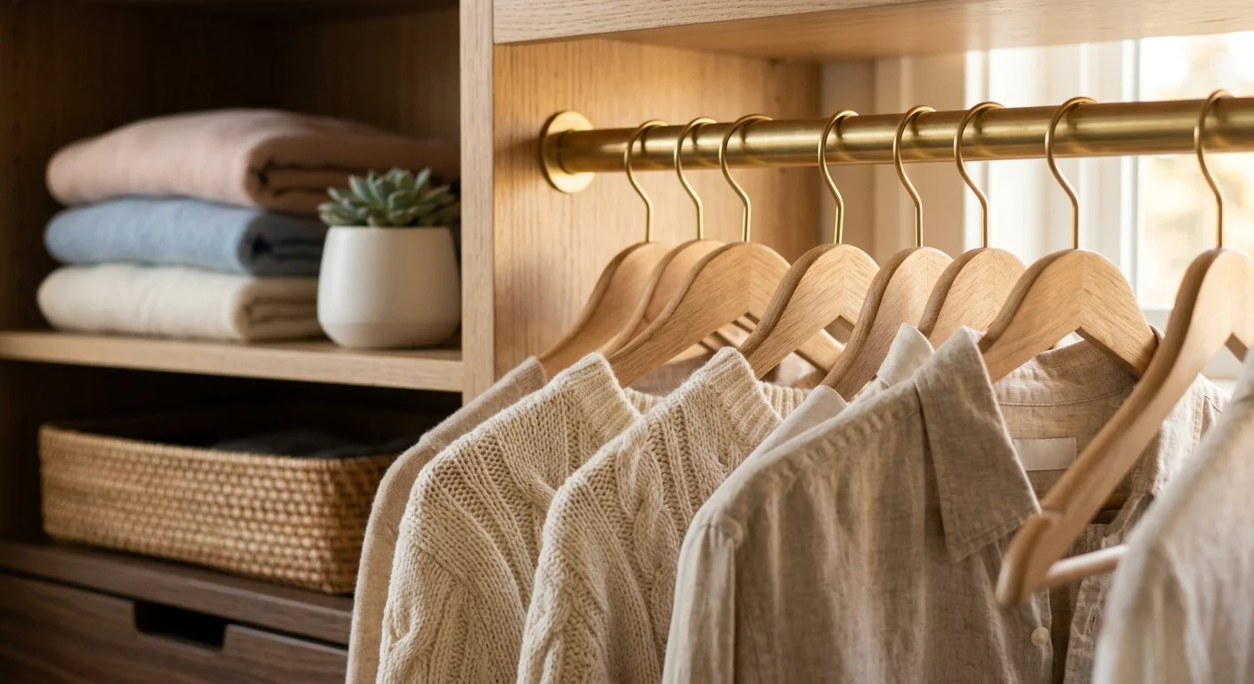 A warm macro photograph of uniform wooden hangers on a brass rod, highlighting texture and neatness.