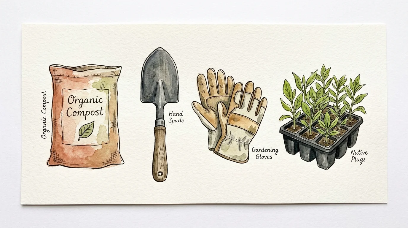 A watercolor and ink flat-lay illustration of gardening tools: a compost bag, a hand spade, gardening gloves, and native plant plugs.