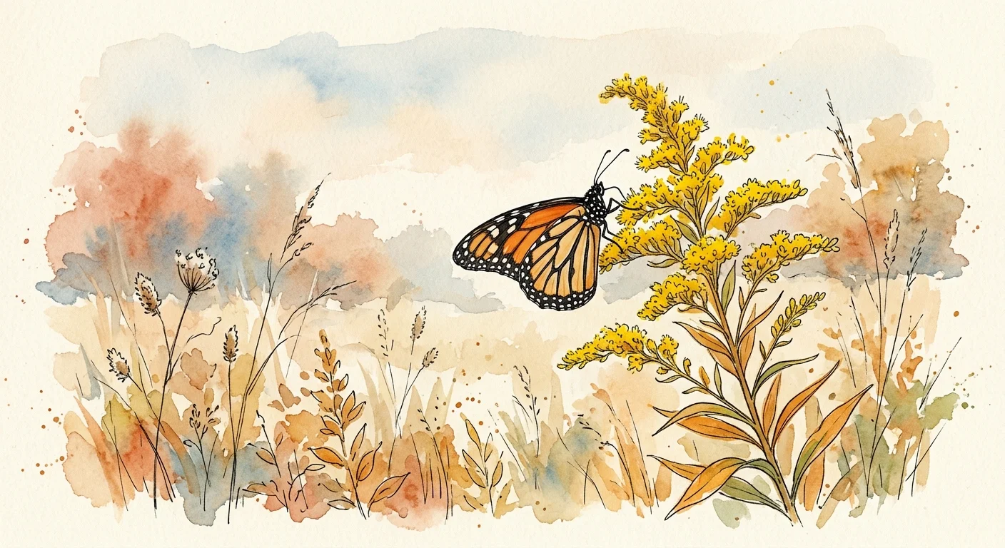 A watercolor and ink illustration of a monarch butterfly resting on a goldenrod flower in warm autumn tones.