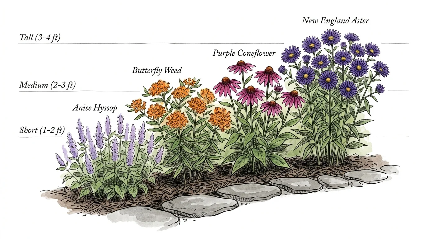 A watercolor garden diagram showing how to layer native plants by height, from short lavender hyssop to tall purple asters.
