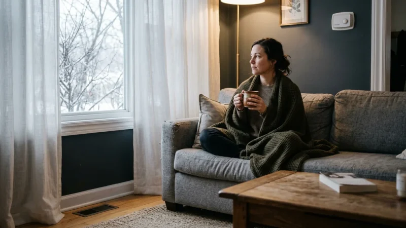 A woman wrapped in a blanket on a sofa looks towards a drafty winter window, holding a warm mug in a cozy home.