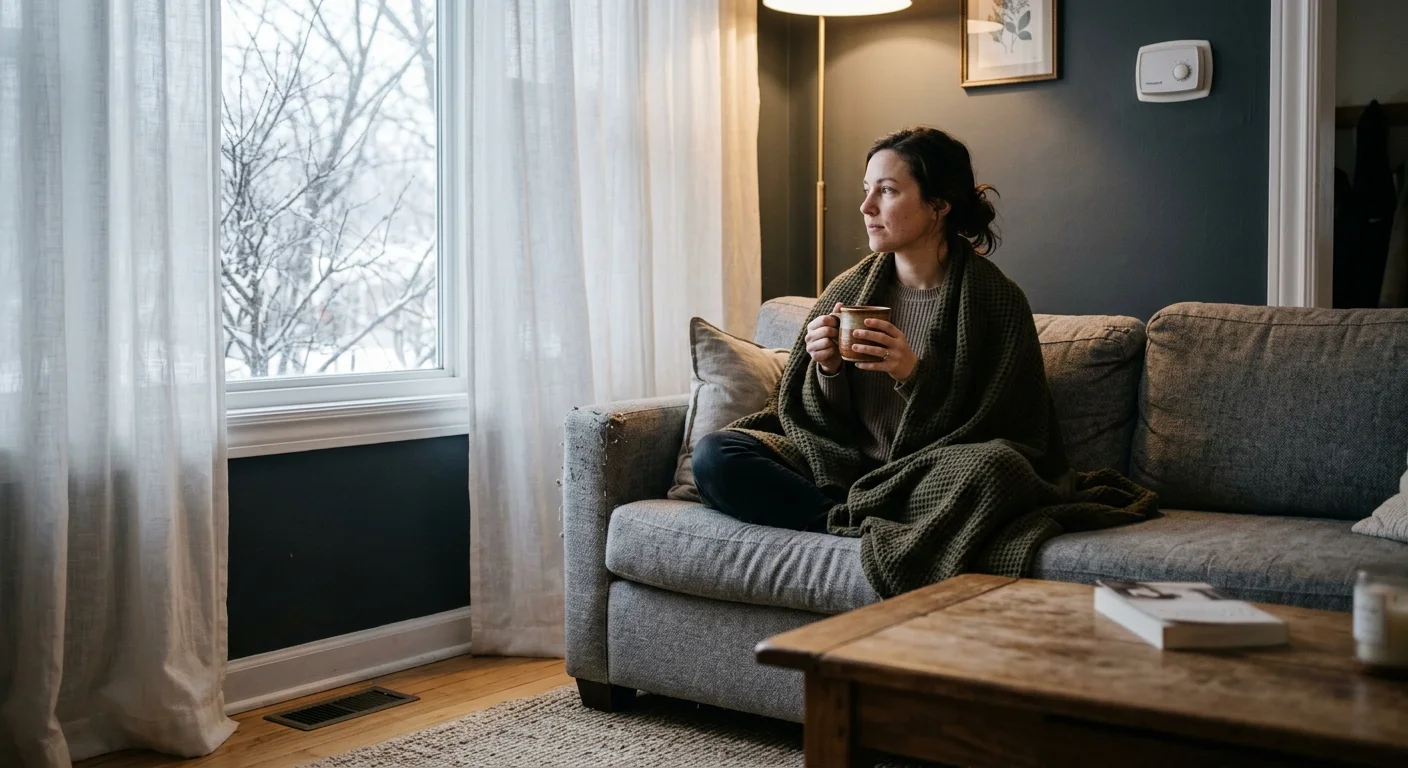 A woman wrapped in a blanket on a sofa looks towards a drafty winter window, holding a warm mug in a cozy home.