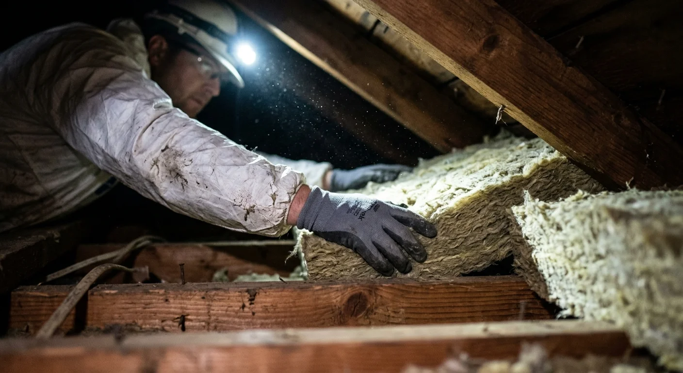 A worker in a protective suit and gloves installs mineral wool insulation between wooden joists in a dark attic.