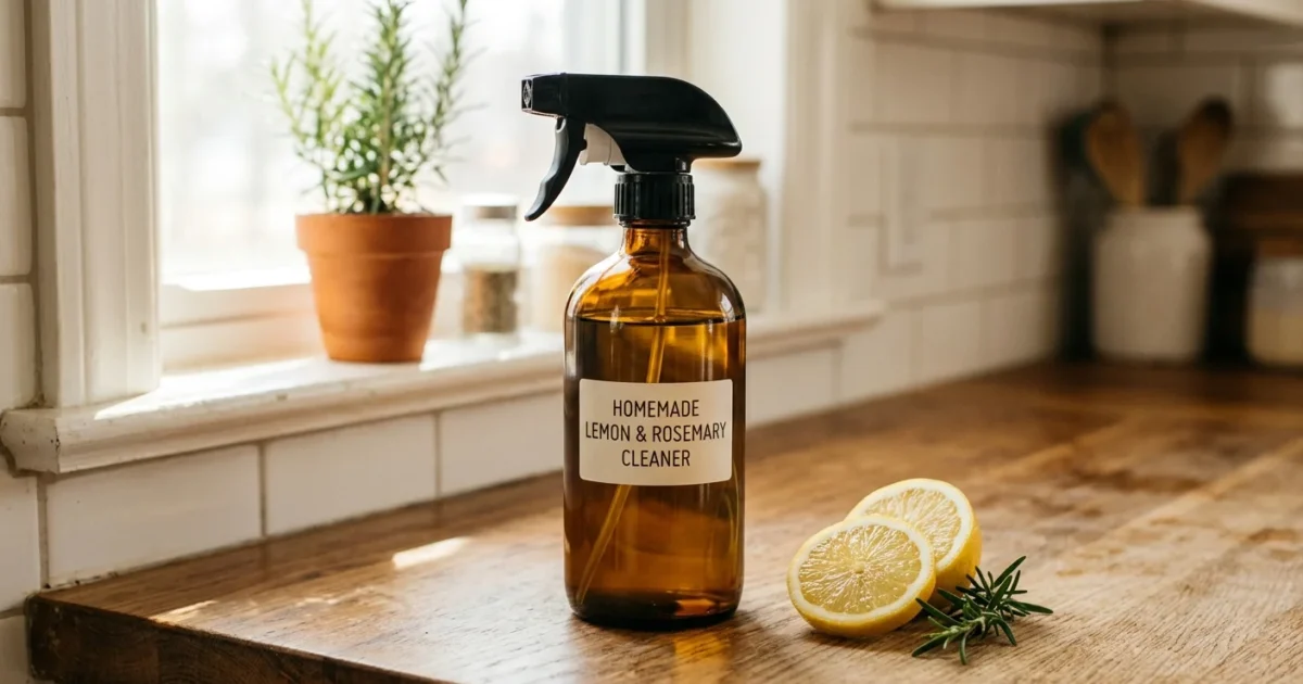 An amber glass spray bottle on a sunlit kitchen counter next to a sliced lemon and rosemary sprig, in a bright home kitchen setting.