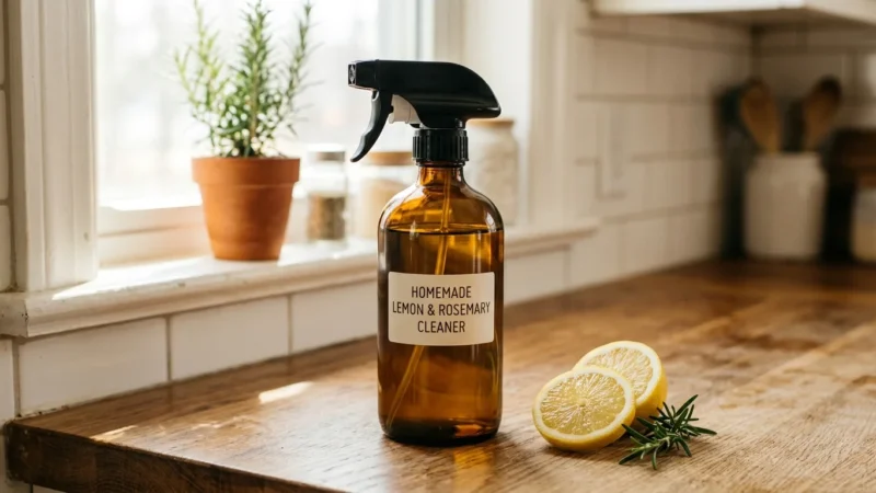 An amber glass spray bottle on a sunlit kitchen counter next to a sliced lemon and rosemary sprig, in a bright home kitchen setting.