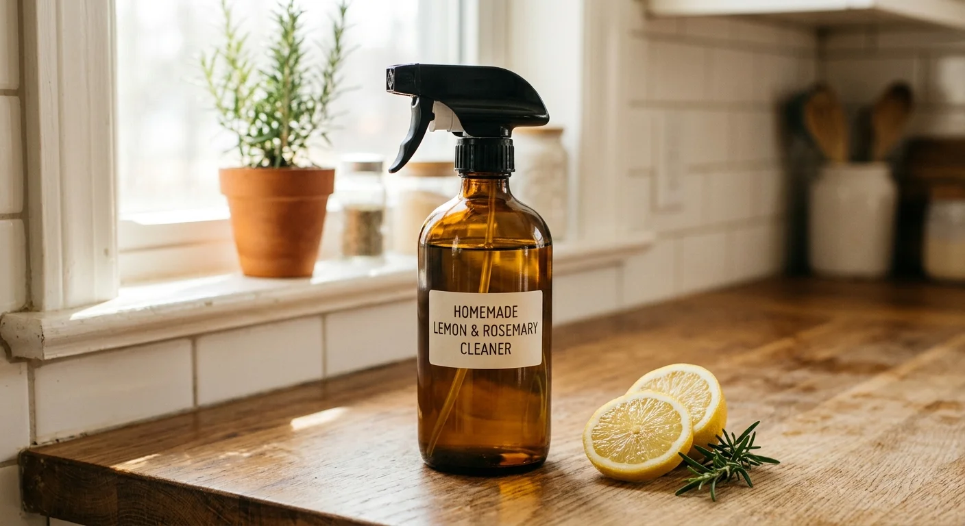 An amber glass spray bottle on a sunlit kitchen counter next to a sliced lemon and rosemary sprig, in a bright home kitchen setting.