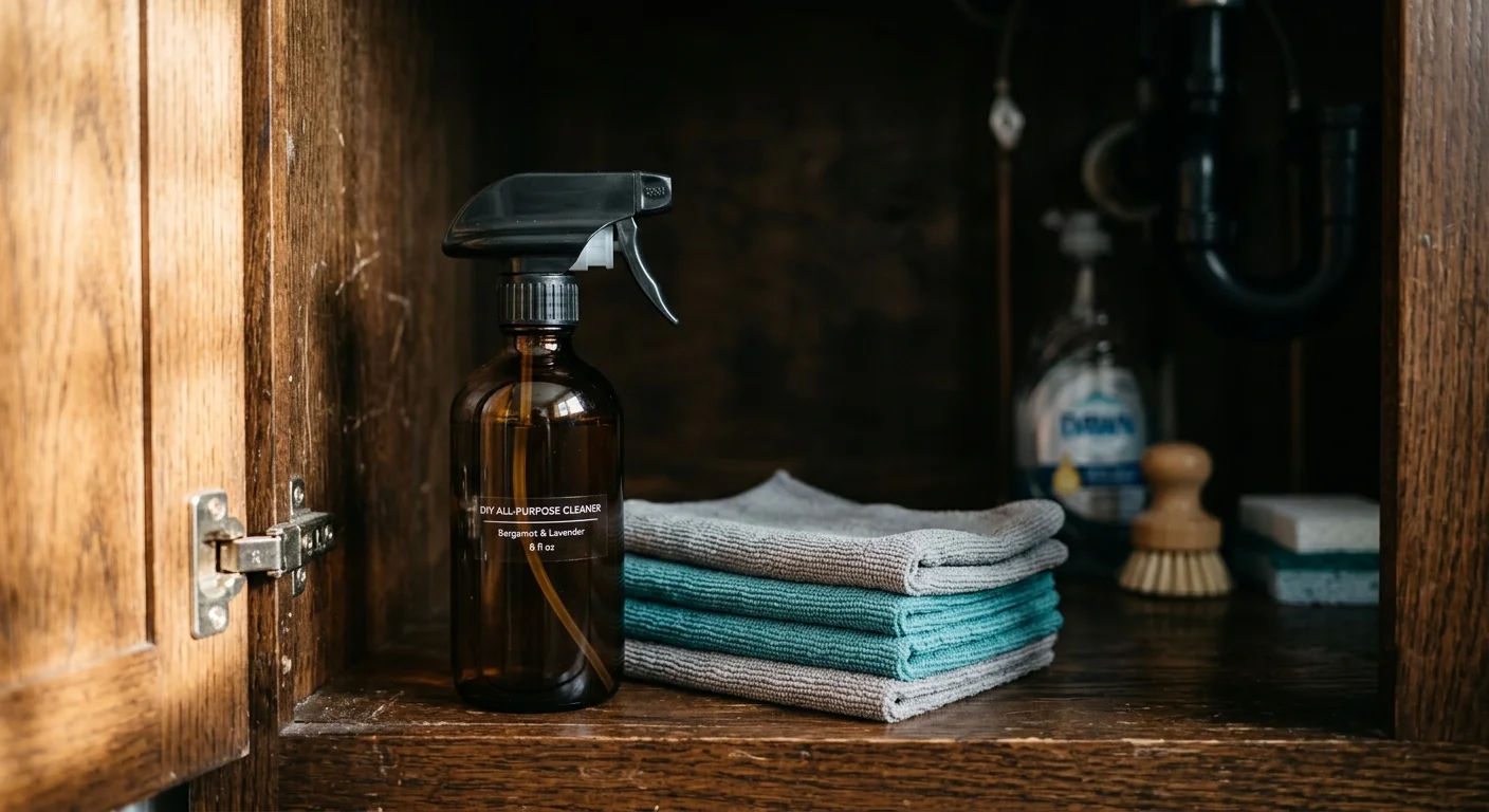 An amber glass spray bottle stored neatly next to folded microfiber cloths inside a dark wooden under-sink cabinet.
