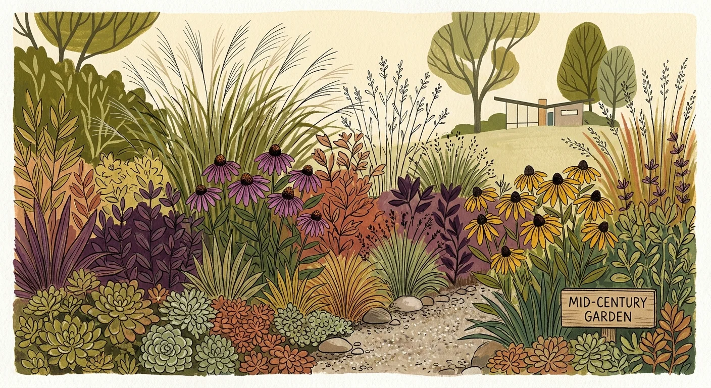 An artistic gouache illustration of a layered autumn garden border with varied plant heights and rich warm colors.