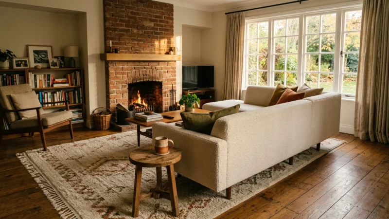 An awkwardly shaped living room styled with a floated cream sofa, an off-center fireplace, and a warm, inviting layout.