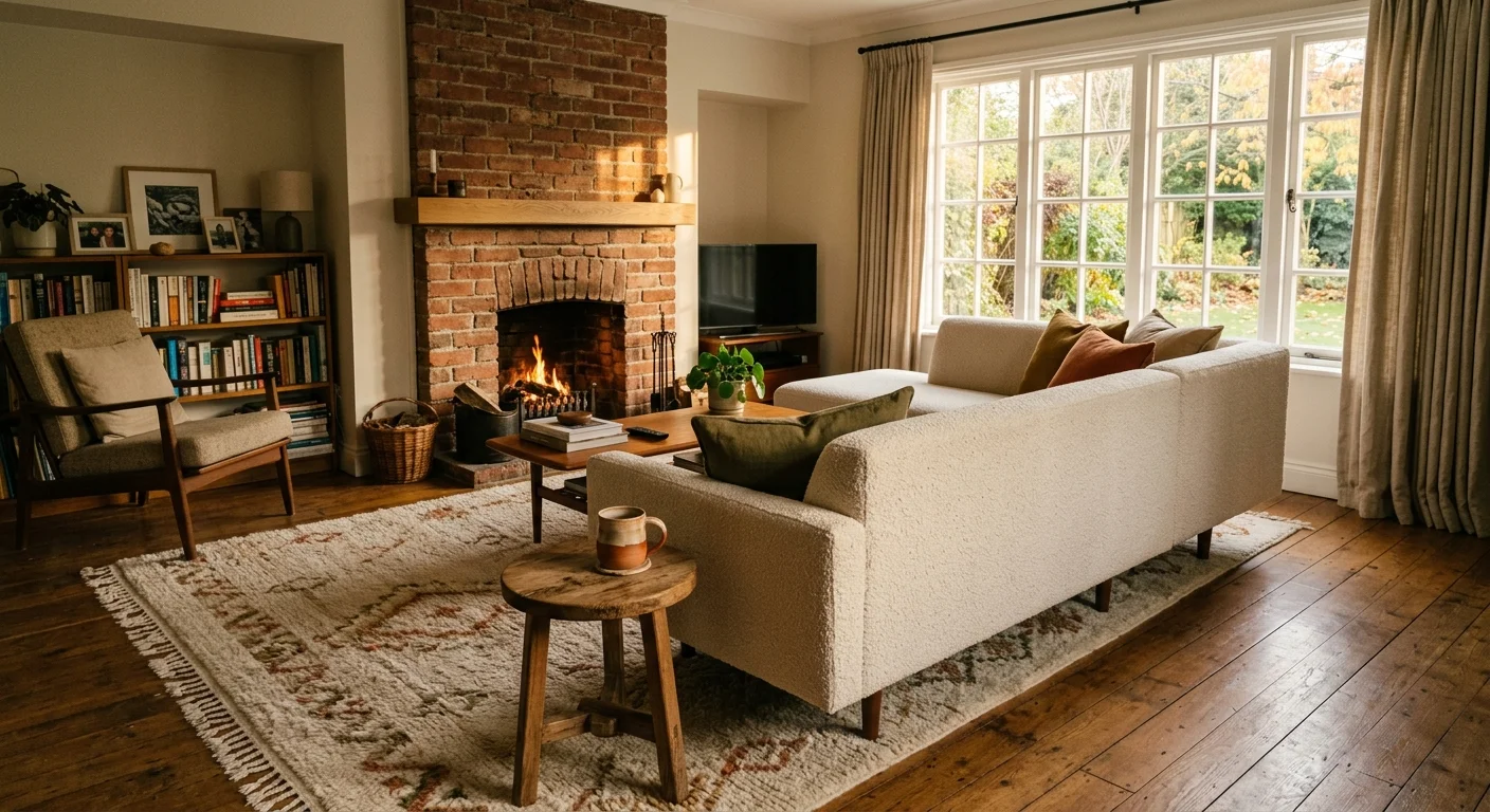 An awkwardly shaped living room styled with a floated cream sofa, an off-center fireplace, and a warm, inviting layout.