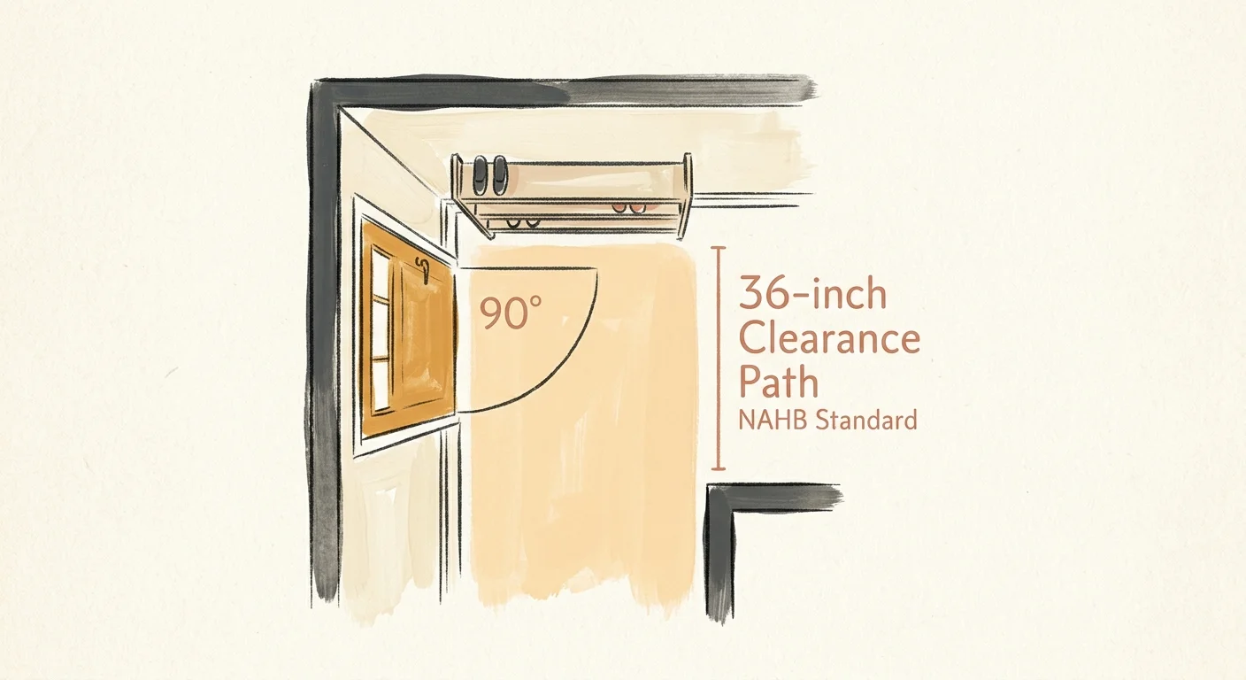 An editorial gouache illustration showing a 36-inch clearance path in a hallway when a front door is fully opened.