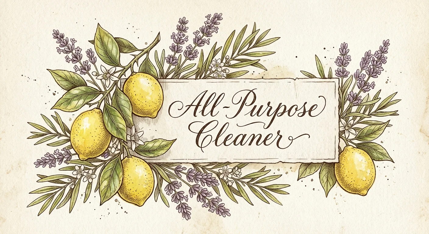 An elegant botanical watercolor illustration of lavender, lemon, and tea tree surrounding a hand-labeled 'All-Purpose Cleaner' tag.