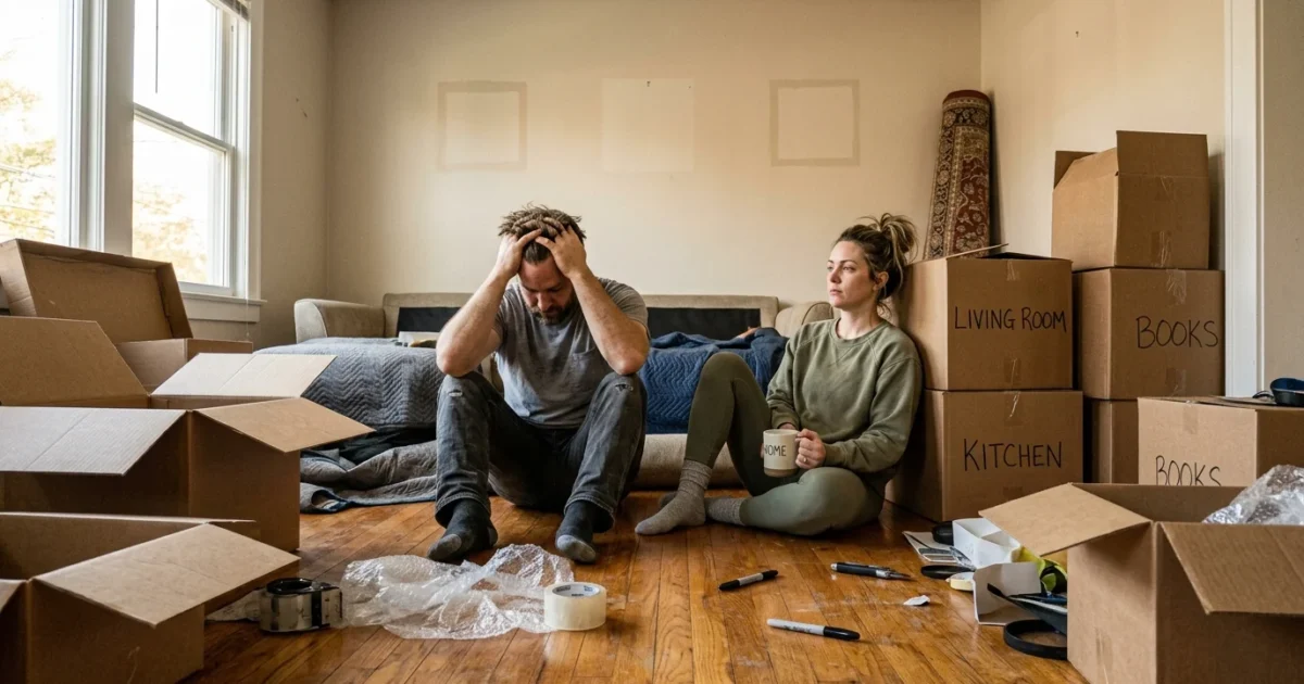 An exhausted couple sits on the floor of a cluttered, half-packed living room surrounded by moving boxes, captured in a candid shot.