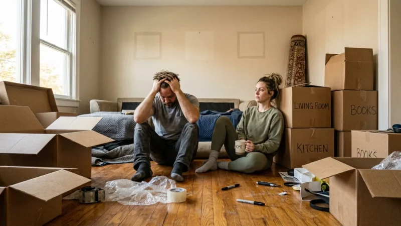 An exhausted couple sits on the floor of a cluttered, half-packed living room surrounded by moving boxes, captured in a candid shot.