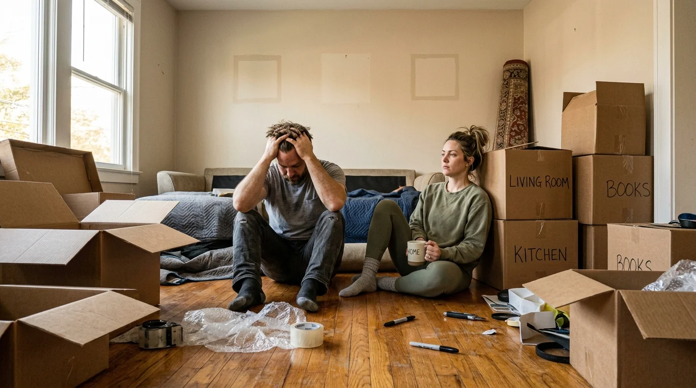 An exhausted couple sits on the floor of a cluttered, half-packed living room surrounded by moving boxes, captured in a candid shot.