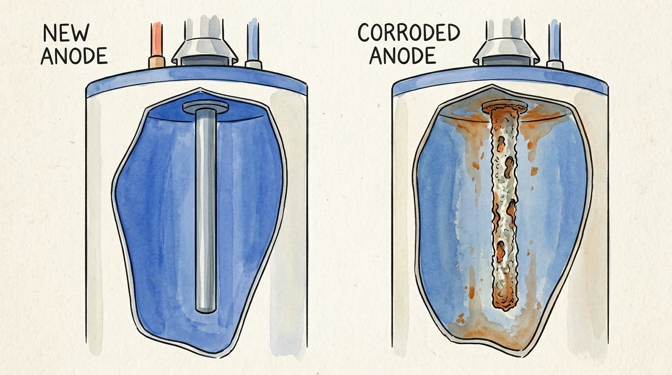 An illustrated comparison showing a pristine new anode rod next to a severely corroded anode rod.