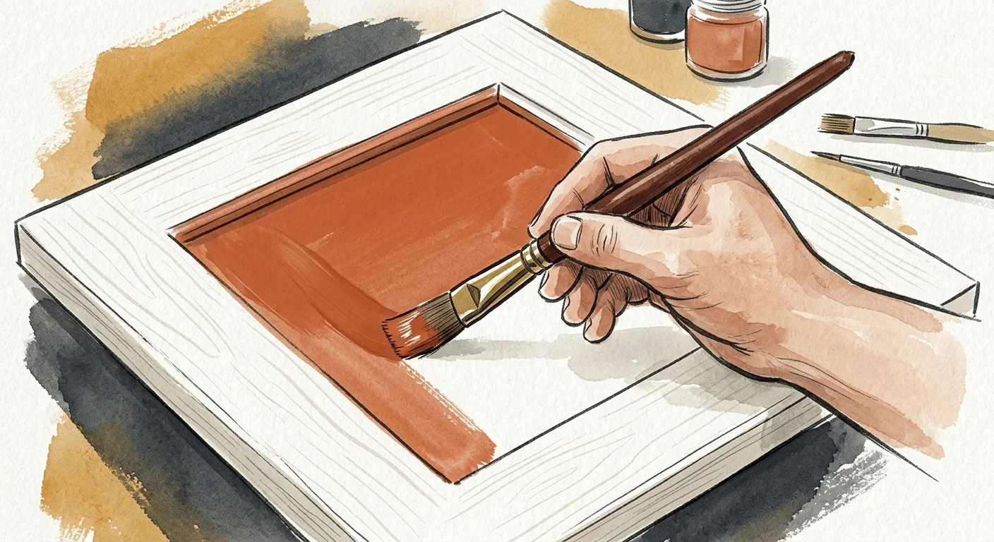 An illustration of a hand using an angled brush to apply warm terracotta paint to the recessed panel of a shaker cabinet door.