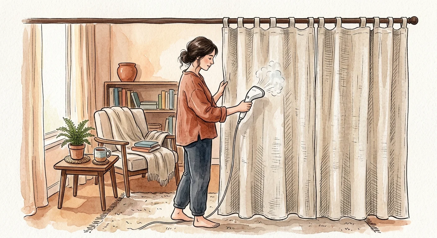 An illustration of a person using a hand steamer to remove wrinkles from a linen hanging curtain room divider.
