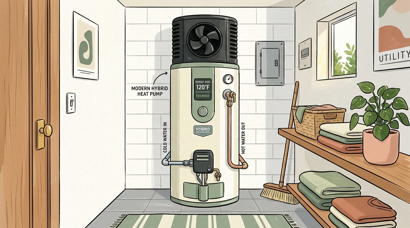 An illustration of a sleek, modern hybrid heat pump water heater in a clean, brightly lit utility room.