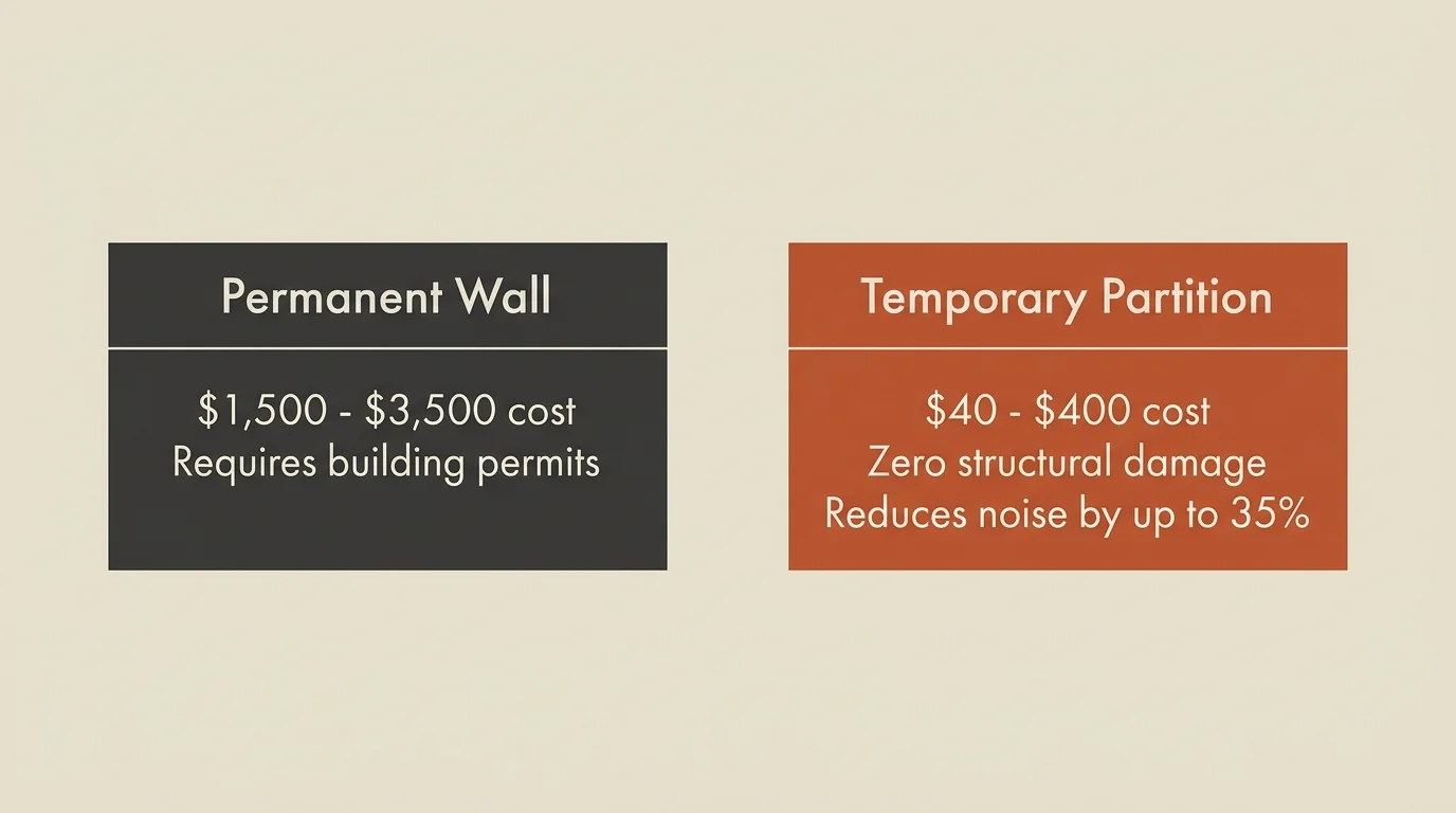 An infographic comparing the high cost of permanent walls ($1,500 - $3,500) to the affordability of temporary dividers ($40 - $400).